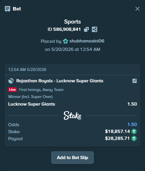 Bet slip: Rajasthan Royals - Lucknow Super Giants, $18,876.00 stake at 1.50 odds, placed by shubhamsaini06