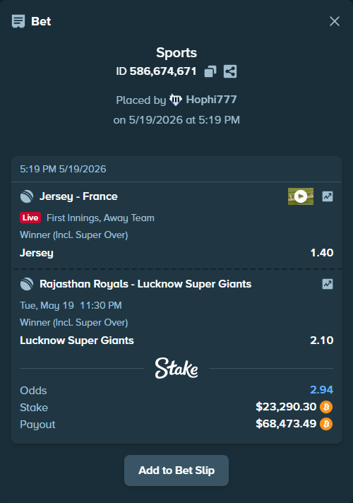 Bet slip: Rajasthan Royals - Lucknow Super Giants, $19,374.36 stake at 2.10 odds, placed by Hophi777