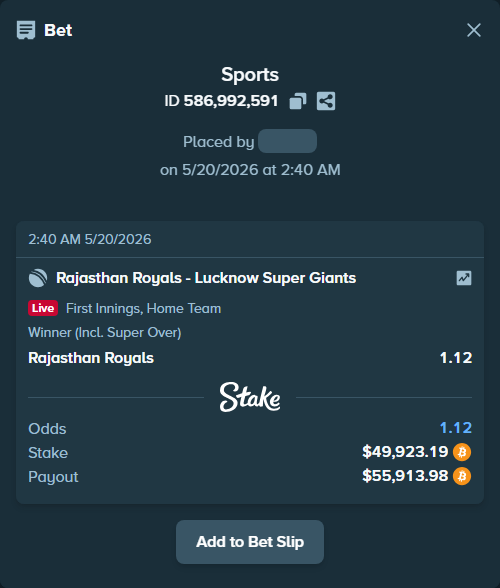 Bet slip: Rajasthan Royals - Lucknow Super Giants, $41,721.55 stake at 1.12 odds, placed by Baddy3130