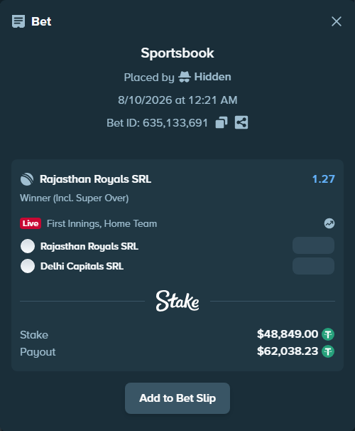 Bet slip: Rajasthan Royals SRL - Delhi Capitals SRL, $48,897.85 stake at 1.27 odds, placed by Hidden