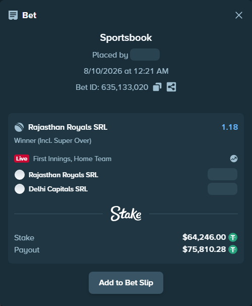 Bet slip: Rajasthan Royals SRL - Delhi Capitals SRL, $64,310.25 stake at 1.18 odds, placed by riaggo1
