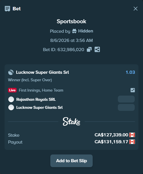 Bet slip: Rajasthan Royals SRL - Lucknow Super Giants SRL, $94,230.86 stake at 1.03 odds, placed by Hidden