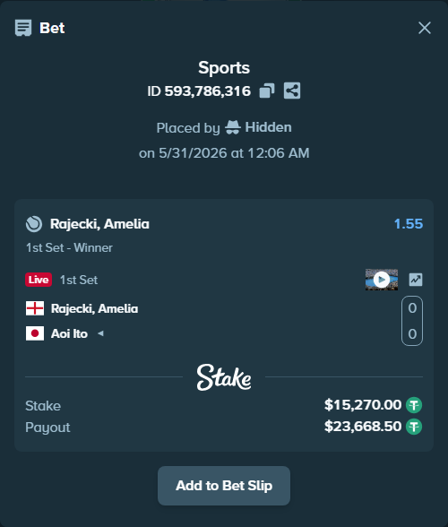 Bet slip: Rajecki, Amelia - Aoi Ito, $15,285.27 stake at 1.55 odds, placed by Hidden