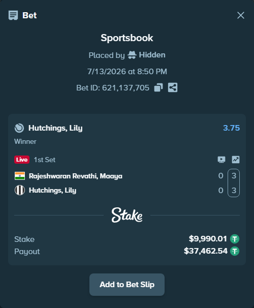 Bet slip: Rajeshwaran Revathi, Maaya - Hutchings, Lily, $10,000.00 stake at 3.75 odds, placed by Hidden