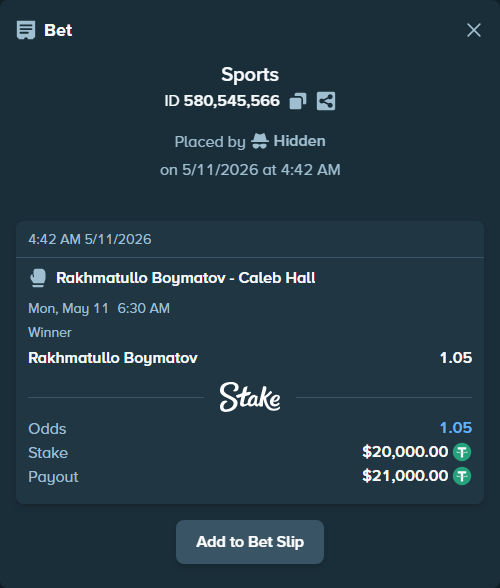 Bet slip: Rakhmatullo Boymatov - Hall, Caleb, $20,000.00 stake at 1.05 odds, placed by Hidden