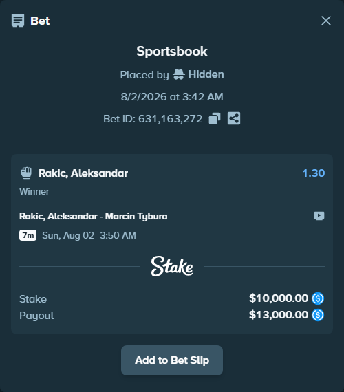 Bet slip: Rakić, Aleksandar - Marcin Tybura, $10,000.00 stake at 1.30 odds, placed by Hidden