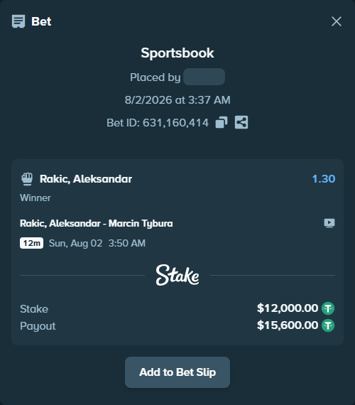 Bet slip: Rakić, Aleksandar - Marcin Tybura, $12,012.00 stake at 1.30 odds, placed by NaomiJenkinsQ