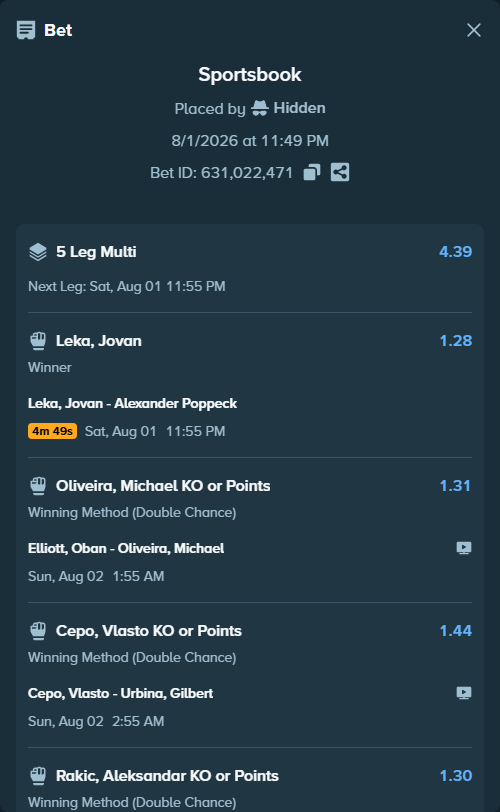 Bet slip: Rakić, Aleksandar - Marcin Tybura, $19,019.00 stake at 1.30 odds, placed by Hidden