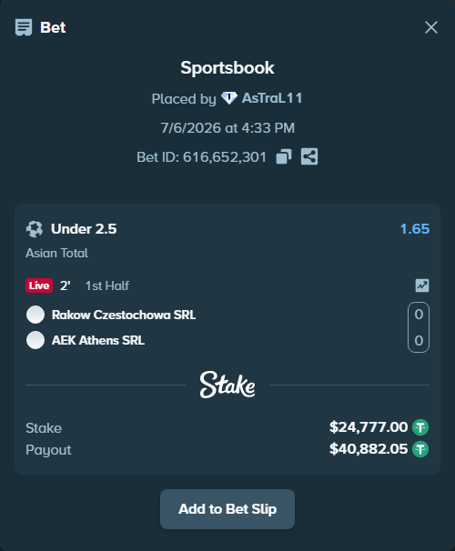 Bet slip: Rakow Czestochowa SRL - AEK Athens SRL, $24,801.78 stake at 1.65 odds, placed by AsTraL11