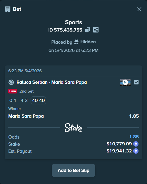 Bet slip: Raluca Serban - Maria Sara Popa, $7,924.93 stake at 1.85 odds, placed by Hidden