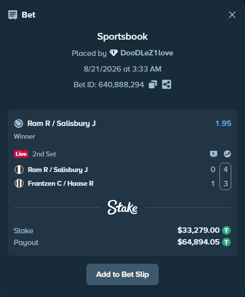Bet slip: Ram R / Salisbury J - Frantzen C / Haase R, $33,279.00 stake at 1.95 odds, placed by DooDLeZ1love
