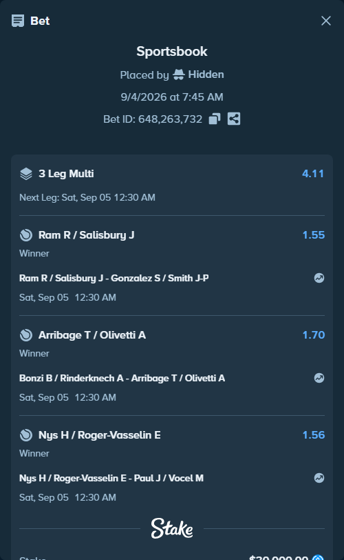 Bet slip: Ram R / Salisbury J - Gonzalez S / Smith J-P, $30,000.00 stake at 1.55 odds, placed by Hidden