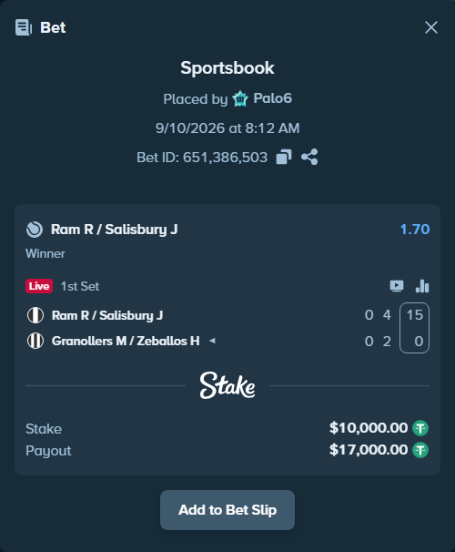 Bet slip: Ram R / Salisbury J - Granollers M / Zeballos H, $10,000.00 stake at 1.70 odds, placed by Palo6