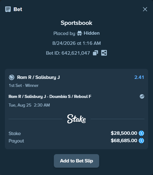 Bet slip: Ram R / Salisbury J - Sadio Doumbia / Fabien Reboul, $28,500.00 stake at 2.41 odds, placed by Hidden