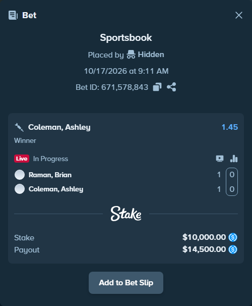 Bet slip: Raman, Brian - Coleman, Ashley, $10,000.00 stake at 1.45 odds, placed by Hidden
