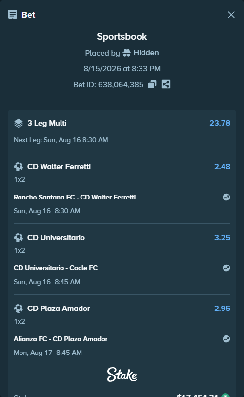 Bet slip: Rancho Santana FC - CD Walter Ferretti, $17,471.76 stake at 2.48 odds, placed by Hidden