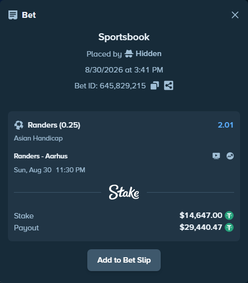 Bet slip: Randers - Aarhus, $14,647.00 stake at 2.01 odds, placed by Hidden
