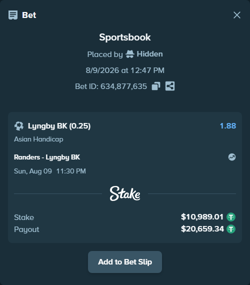 Bet slip: Randers - Lyngby BK, $11,000.00 stake at 1.88 odds, placed by Hidden