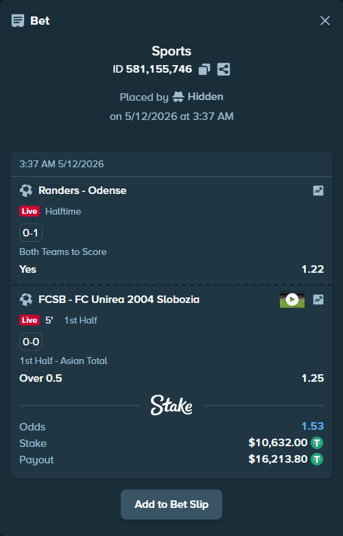 Bet slip: Randers - Odense, $10,632.00 stake at 1.22 odds, placed by Hidden