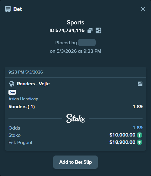 Bet slip: Randers - Vejle, $10,000.00 stake at 1.89 odds, placed by klowertox32