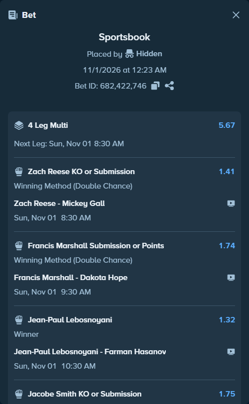 Bet slip: Randy Brown - Jacobe Smith, $10,765.74 stake at 1.75 odds, placed by MrDivinity