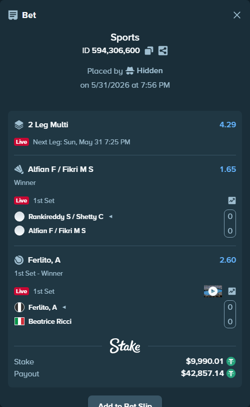 Bet slip: Rankireddy S / Shetty C - Alfian F / Fikri M S, $10,000.00 stake at 1.65 odds, placed by Hidden