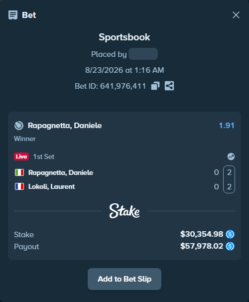 Bet slip: Rapagnetta, Daniele - Lokoli, Laurent, $30,354.98 stake at 1.91 odds, placed by kuwkuw