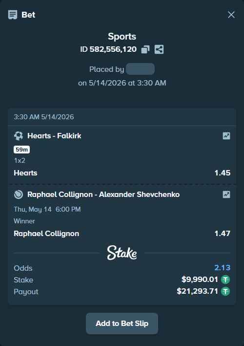 Bet slip: Raphael Collignon - Alexander Shevchenko, $10,000.00 stake at 1.47 odds, placed by LambH2