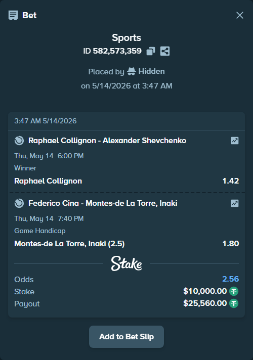 Bet slip: Raphael Collignon - Alexander Shevchenko, $10,000.00 stake at 1.42 odds, placed by Hidden
