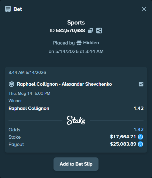 Bet slip: Raphael Collignon - Alexander Shevchenko, $17,664.71 stake at 1.42 odds, placed by Hidden