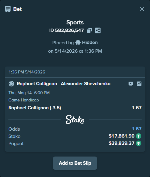 Bet slip: Raphael Collignon - Alexander Shevchenko, $17,861.90 stake at 1.67 odds, placed by Hidden