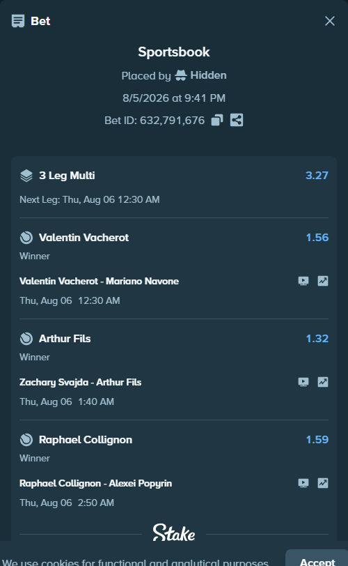 Bet slip: Raphael Collignon - Alexei Popyrin, $11,539.67 stake at 1.59 odds, placed by Hidden