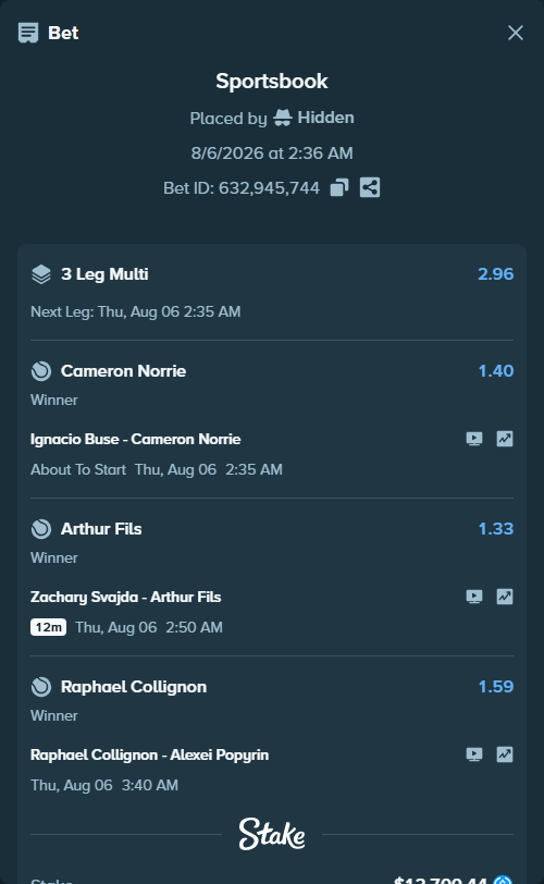 Bet slip: Raphael Collignon - Alexei Popyrin, $12,700.44 stake at 1.59 odds, placed by Hidden