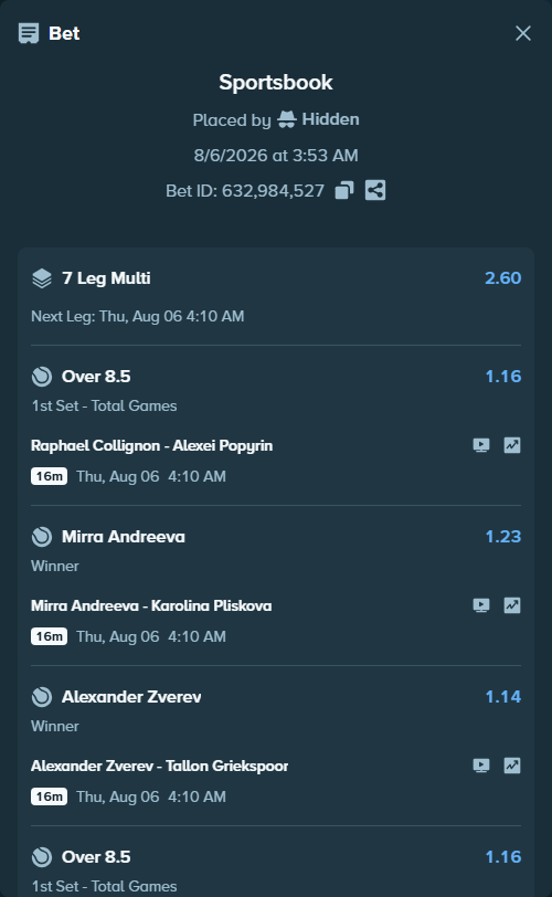 Bet slip: Raphael Collignon - Alexei Popyrin, $75,075.00 stake at 1.16 odds, placed by Hidden