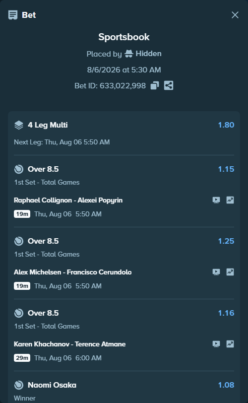 Bet slip: Raphael Collignon - Alexei Popyrin, $75,075.00 stake at 1.15 odds, placed by Hidden