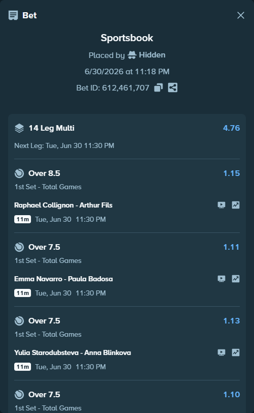 Bet slip: Raphael Collignon - Arthur Fils, $100,200.00 stake at 1.15 odds, placed by Hidden