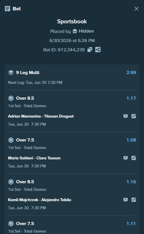 Bet slip: Raphael Collignon - Arthur Fils, $55,055.00 stake at 1.16 odds, placed by Hidden