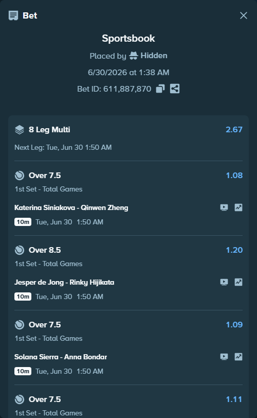 Bet slip: Raphael Collignon - Arthur Fils, $75,000.00 stake at 1.16 odds, placed by Hidden