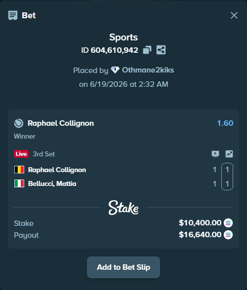 Bet slip: Raphael Collignon - Bellucci, Mattia, $10,878.48 stake at 1.60 odds, placed by Othmane2kiks