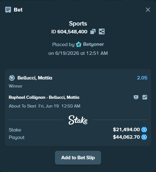 Bet slip: Raphael Collignon - Bellucci, Mattia, $21,494.00 stake at 2.05 odds, placed by Betyoner