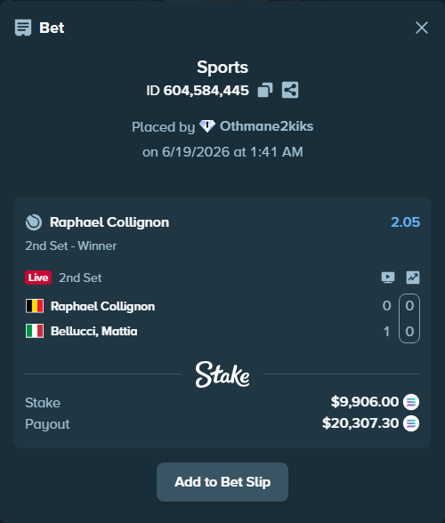 Bet slip: Raphael Collignon - Bellucci, Mattia, $10,433.02 stake at 2.05 odds, placed by Othmane2kiks