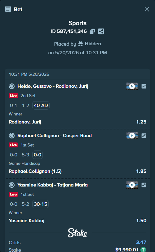 Bet slip: Raphael Collignon - Casper Ruud, $10,000.00 stake at 1.85 odds, placed by Hidden