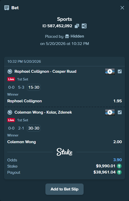 Bet slip: Raphael Collignon - Casper Ruud, $10,000.00 stake at 1.95 odds, placed by Hidden