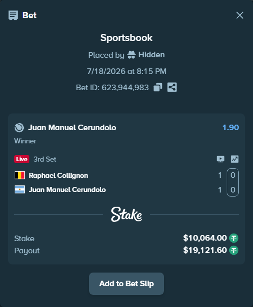 Bet slip: Raphael Collignon - Juan Manuel Cerundolo, $10,074.06 stake at 1.90 odds, placed by Hidden