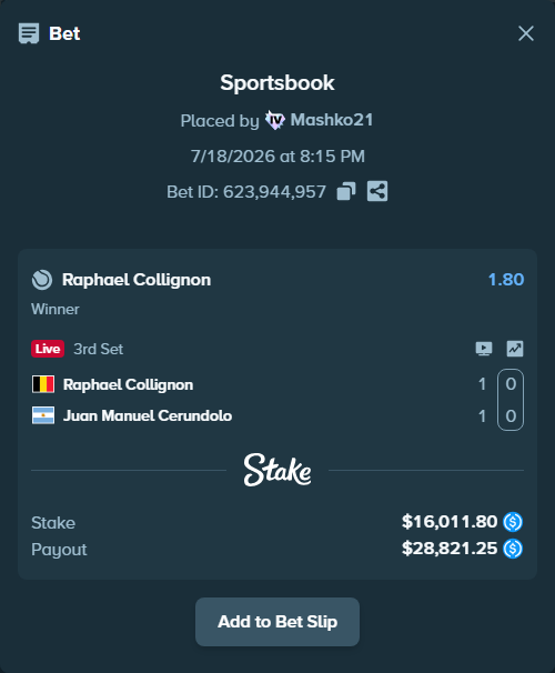 Bet slip: Raphael Collignon - Juan Manuel Cerundolo, $16,011.80 stake at 1.80 odds, placed by Mashko21