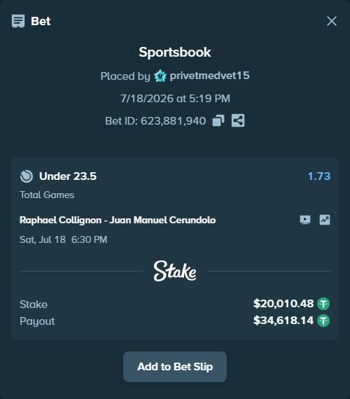 Bet slip: Raphael Collignon - Juan Manuel Cerundolo, $20,030.49 stake at 1.73 odds, placed by privetmedvet15