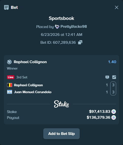 Bet slip: Raphael Collignon - Juan Manuel Cerundolo, $98,266.82 stake at 1.40 odds, placed by Prettylfacko98