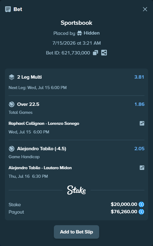 Bet slip: Raphael Collignon - Lorenzo Sonego, $20,000.00 stake at 1.86 odds, placed by Hidden