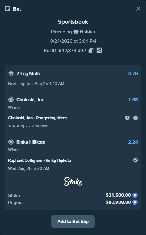 Bet slip: Raphael Collignon - Rinky Hijikata, $21,680.41 stake at 2.24 odds, placed by Hidden
