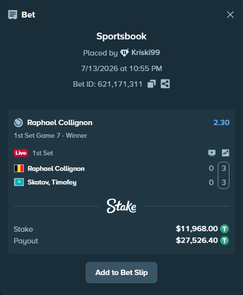 Bet slip: Raphael Collignon - Skatov, Timofey, $11,979.97 stake at 2.30 odds, placed by Kriski99